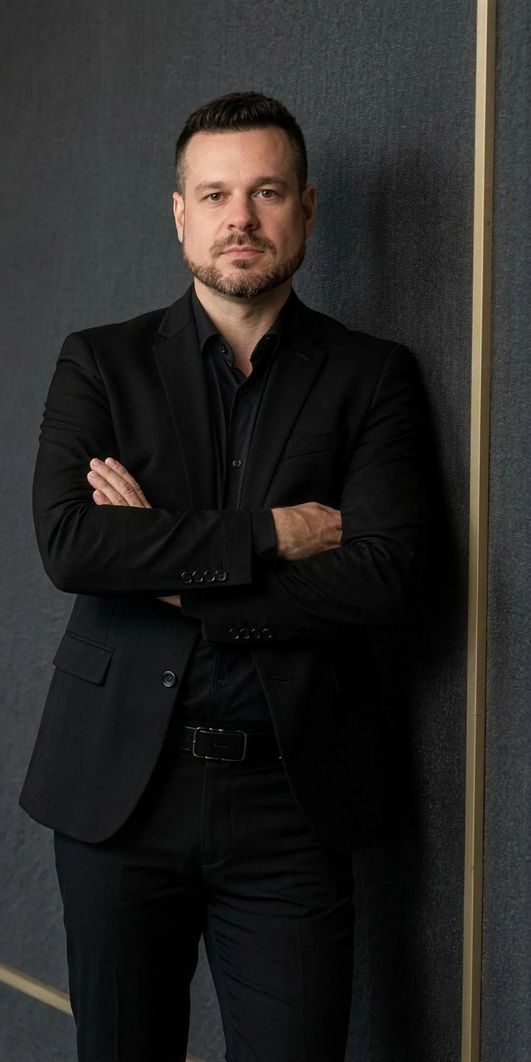 Dr. Rafael Lucci em corredor editorial Noir Luxe da ArtFace, harmonização facial em Balneário Camboriú